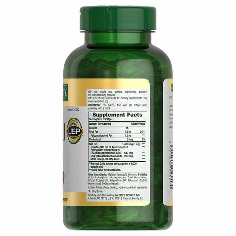 Viên uống dầu cá Nature’s Bounty Fish Oil 1400mg - Bảo vệ sức khỏe tim mạch, chứa Omega-3 EPA DHA, 130 viên an toàn và hiệu quả.