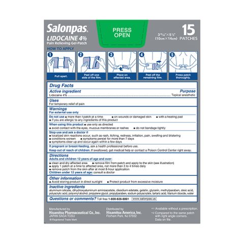 Miếng Dán Giảm Đau Salonpas LIDO.CAINE 4% Gel-Patch 15 Miếng - Hỗ Trợ Giảm Đau Hiệu Quả Lên Đến 8 Giờ