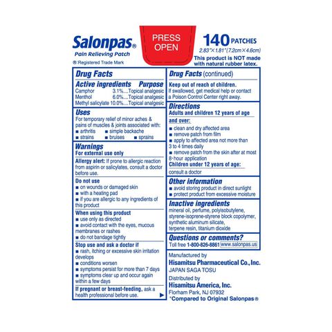 Miếng dán giảm đau Hisamitsu Salonpas Mỹ 140 miếng - Hỗ trợ xoa dịu cơn đau vai, cổ, lưng, xương khớp hiệu quả lên đến 8 giờ