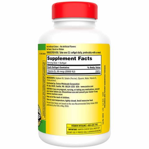 Viên uống bổ sung Vitamin D3 Kirkland Signature 2000IU 600 viên - Hỗ trợ xương chắc khỏe, phòng ngừa loãng xương, Vitamin D3 Mỹ