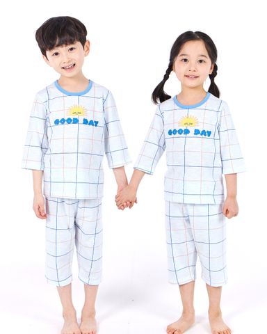 Bộ ngủ lửng cho bé Good day Check Blue nhập khẩu Olomimi - Hàn Quốc
