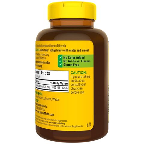 Viên uống bổ sung Vitamin D3 Nature Made D3 1000 IU - 650 viên hỗ trợ xương chắc khỏe, không gluten, an toàn cho người lớn tuổi