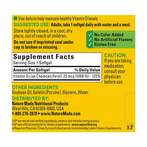 Viên uống bổ sung Vitamin D3 Nature Made D3 1000 IU - 650 viên hỗ trợ xương chắc khỏe, không gluten, an toàn cho người lớn tuổi