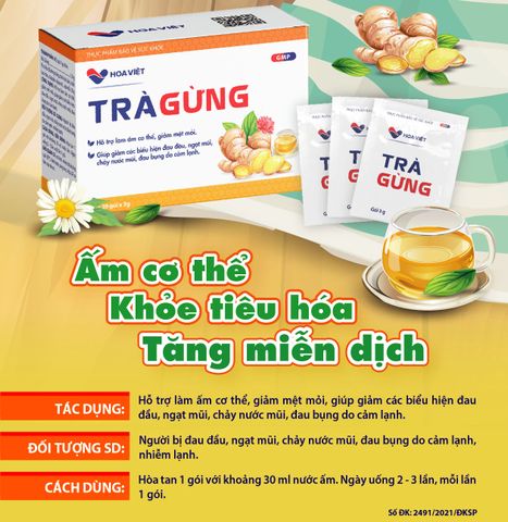 Trà Gừng Hoa Việt - Giảm Đầy Hơi, Tăng Cường Miễn Dịch, Hộp 20 Gói - Thảo Dược Tự Nhiên Giúp Tiêu Hóa và Làm Ấm Cơ Thể