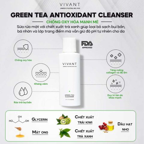 Sữa Rửa Mặt Chống Oxy Hóa Chiết Xuất Trà Xanh Vivant Skincare 115ml - Làm Sạch, Dưỡng Da Mịn Màng và Giảm Viêm
