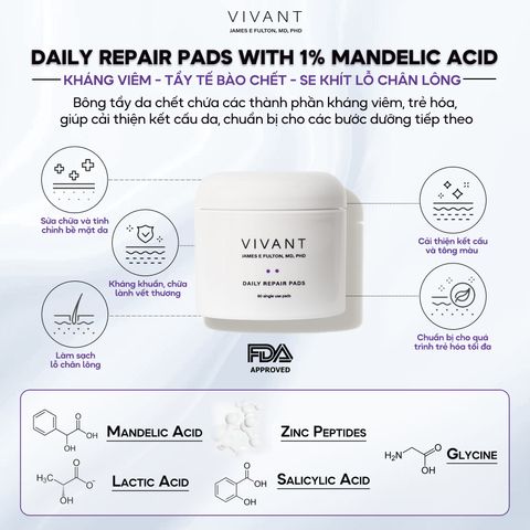 Vivant Skincare Daily Repair Pads - Toner Chống Viêm Trẻ Hóa Da 60 Pads, Tẩy Tế Bào Chết Nhẹ Nhàng, Phục Hồi Da Rạng Ngời