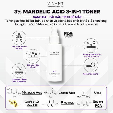 Toner Nước Hoa Hồng Vivant Skin Care 3% Mandelic Acid 3-In-1 (115ml) - Cân Bằng Độ pH, Kiểm Soát Dầu Nhờn, Làm Dịu Da