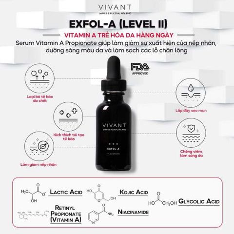 Serum Vivant Exfol-A 30ml - Giảm Nếp Nhăn, Sẹo Mụn, Tăng Sắc Tố, Chống Oxy Hóa, Phù Hợp Với Da Thường và Da Dầu