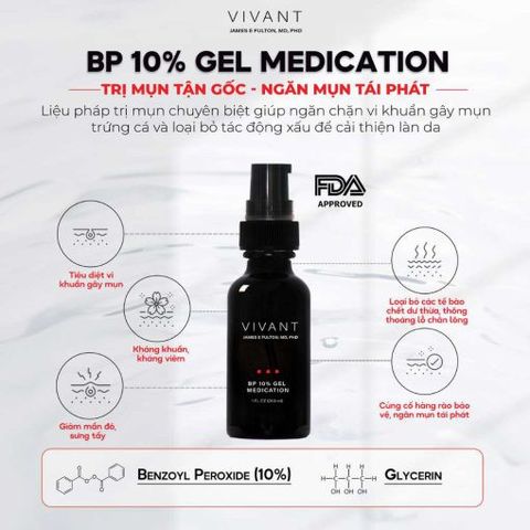 Serum Giảm Mụn Vivant BP 10% Gel Medication 30ml - Tinh Chất Chống Viêm, Mờ Thâm, Ngăn Ngừa Mụn Tái Phát