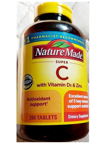 Viên Uống Tăng Cường Miễn Dịch Super C 200 Viên - Vitamin C, D3 và Kẽm Hỗ Trợ Sức Khỏe Từ Nature Made Mỹ