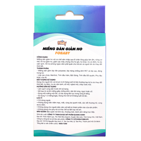 Miếng Dán Giảm Ho, Làm Ấm Cơ Thể Fobaby  Hiệu Quả Đến 8 Giờ