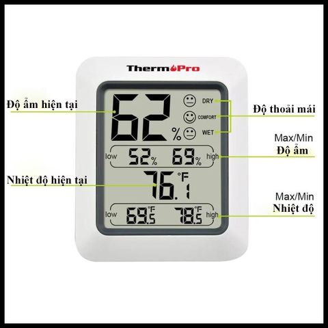 Nhiệt ẩm kế điện tử ThermoPro TP50 Nhật Bản - Đo nhiệt độ và độ ẩm, chính xác từ -58 đến 158 độ F, màn hình LCD rõ ràng, thiết kế tiện lợi.
