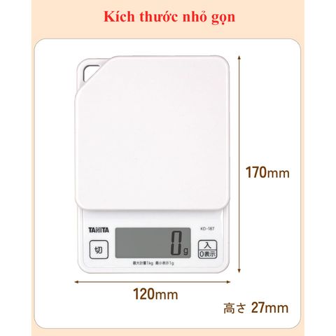 Cân điện tử nhà bếp KD-187 Tanita Nhật Bản - Cân tiểu ly 1kg/1g, lý tưởng cho chế độ ăn kiêng và nấu ăn chính xác