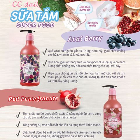 Sữa Tắm Trái Cây CC Daily Chiết Xuất Acai Berry - Dưỡng Ẩm, Chống Oxy Hóa, Làm Sáng Da, Chăm Sóc Da Khỏe Mạnh 580g