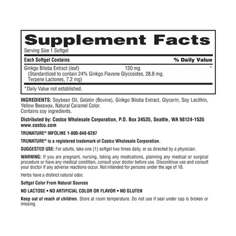 (Auth 100%) Viên uống Ginkgo Biloba 120mg Trunature - bổ sung tuần hoàn não và trí nhớ, Hộp 340 viên, Hàng Mỹ