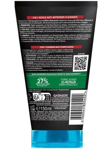 Sữa Rửa Mặt Garnier Hautklar BHA 3in1 Kohle - Giải Pháp Hiệu Quả Cho Da Dầu, Giảm Mụn Đầu Đen, Tẩy Tế Bào Chết, 150ml