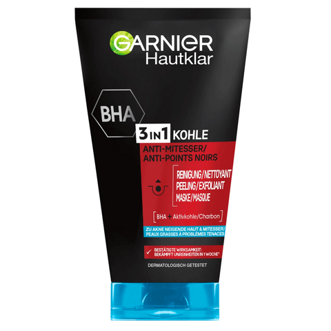 Sữa Rửa Mặt Garnier Hautklar BHA 3in1 Kohle - Giải Pháp Hiệu Quả Cho Da Dầu, Giảm Mụn Đầu Đen, Tẩy Tế Bào Chết, 150ml