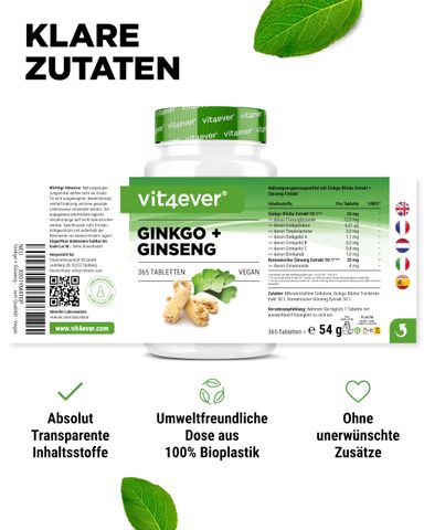 Viên uống bổ não Vit4ever Ginkgo Biloba + Nhân sâm Vegan 365 viên - Tăng cường trí nhớ, hỗ trợ sức khỏe não bộ, giảm căng thẳng.