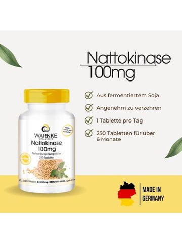 Viên uống Warnke Nattokinase 100mg - Phòng ngừa tai biến, hỗ trợ trị đột quỵ, 250 viên hữu cơ, không chứa gluten và lactose