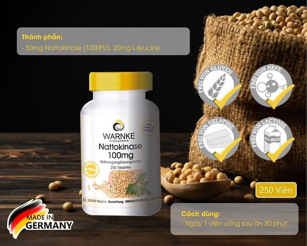 Viên uống Warnke Nattokinase 100mg - Phòng ngừa tai biến, hỗ trợ trị đột quỵ, 250 viên hữu cơ, không chứa gluten và lactose