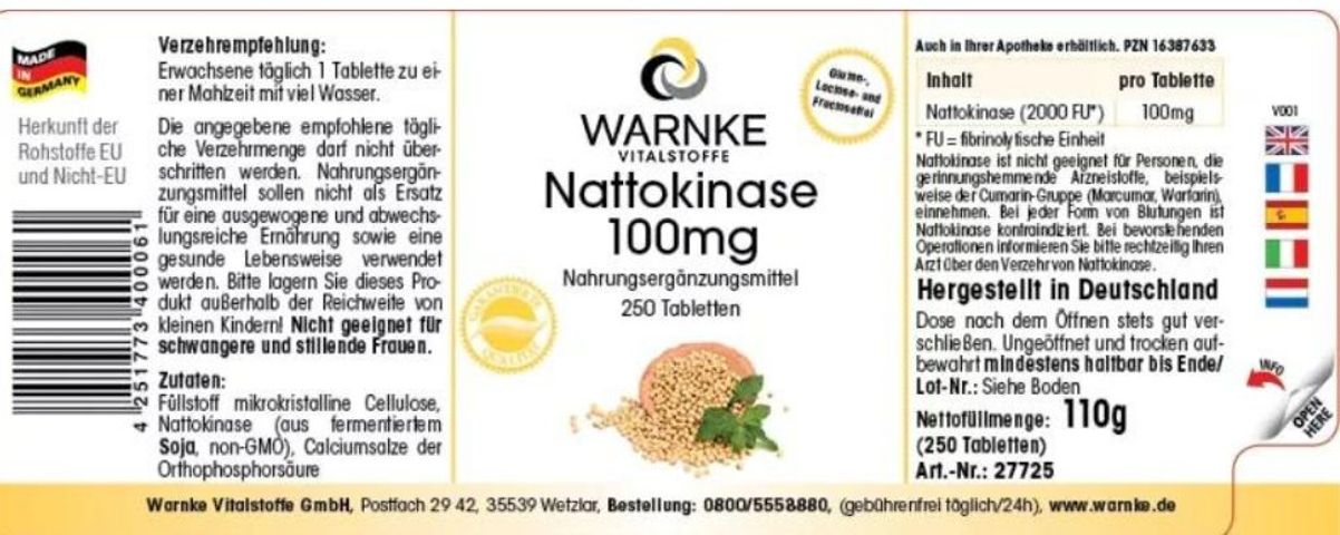 Viên uống Warnke Nattokinase 100mg - Phòng ngừa tai biến, hỗ trợ trị đột quỵ, 250 viên hữu cơ, không chứa gluten và lactose