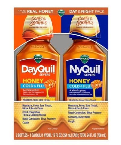 Siro Cảm Vicks DayQuil & NyQuil Honey 354ml x2 Chai - Giảm Ho Cảm Lạnh, Hương Vị Quả Mọng, Mật Ong Dễ Uống
