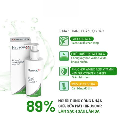Sữa Rửa Mặt Hiruscar Anti Acne Cleanser 100ml - Giảm Mụn, Cân Bằng Ẩm, Chăm Sóc Da Dầu, Da Hỗn Hợp, Công Thức Dịu Nhẹ, Không Sulfate