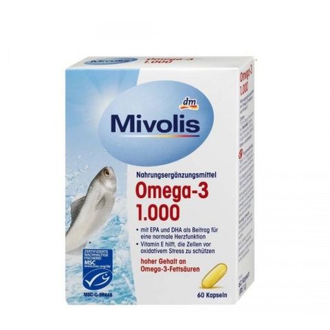 Dầu Cá Mivolis Omega 3 Vitamin E 1000mg 60 Viên - Bổ Sung EPA & DHA Hỗ Trợ Tim Mạch, Làm Đẹp Da & Tóc, Không Chứa Gluten