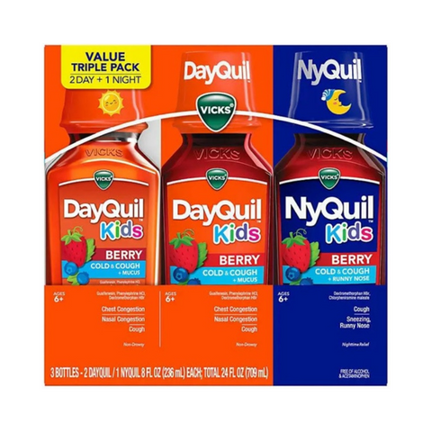 Set 3 Chai Siro Ho Cảm Vicks DayQuil & NyQuil Kids 709ml - Hỗ Trợ Giảm Nghẹt Mũi, Ho Cho Trẻ 6 Tuổi Trở Lên, Hương Vị Quả Mọng