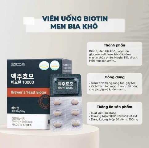 Hỗ trợ mọc tóc men bia khô Brewer's Yeast Biotin 60 viên Hàn Quốc