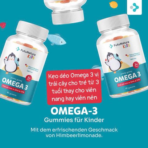 Kẹo dẻo Omega-3 cho trẻ em FutuNatura Kids Đức, hương vị chanh mâm xôi, 60 viên - Bổ sung DHA cho phát triển não và thị lực