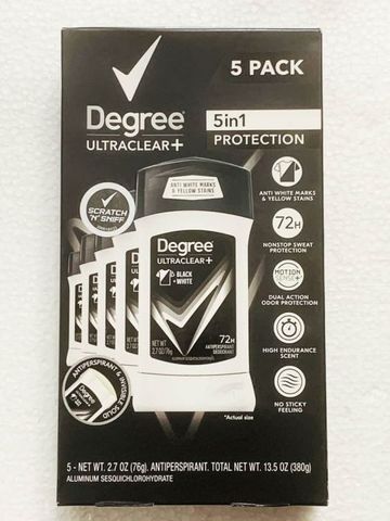 Set 5 Chai Lăn Khử Mùi Nam Degree Ultraclear Black + White 76g - Kháng Mồ Hôi 48h, Chính Hãng Mỹ