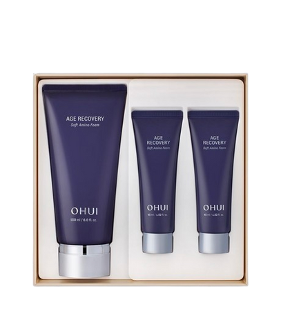 Set Sữa Rửa Mặt Ohui Tím Age Recovery Soft Amino Foam - Làm Sạch Makeup, Cấp Ẩm, Dành Cho Da Khô, Lão Hóa, Bao Gồm 180ml + 2 Tuýp Mini 45ml