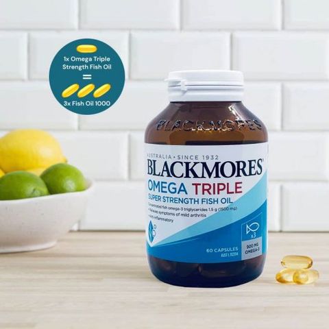 Dầu cá Blackmores Omega Triple Super Strength 60 viên - Giúp giảm viêm, cải thiện sức khỏe tim mạch và trí não, bổ sung Omega-3 cao cấp từ Úc