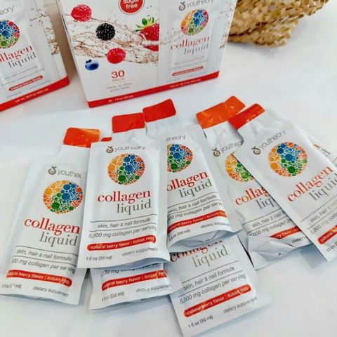 Youtheory Collagen Liquid - Hộp 30 Gói Nước Uống Đẹp Da Không Đường, Giúp Trẻ Hóa Da và Giảm Nếp Nhăn, Hương Vị Berry Mỹ