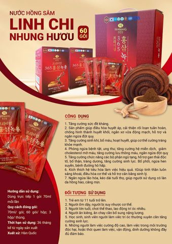 Nước Hồng Sâm Nhung Hươu Linh Chi Hàn Quốc 365 - Giải Khát Bổ Dưỡng Sức Khỏe - 60 Gói x 70ml, Tăng Cường Miễn Dịch và Sinh Lực