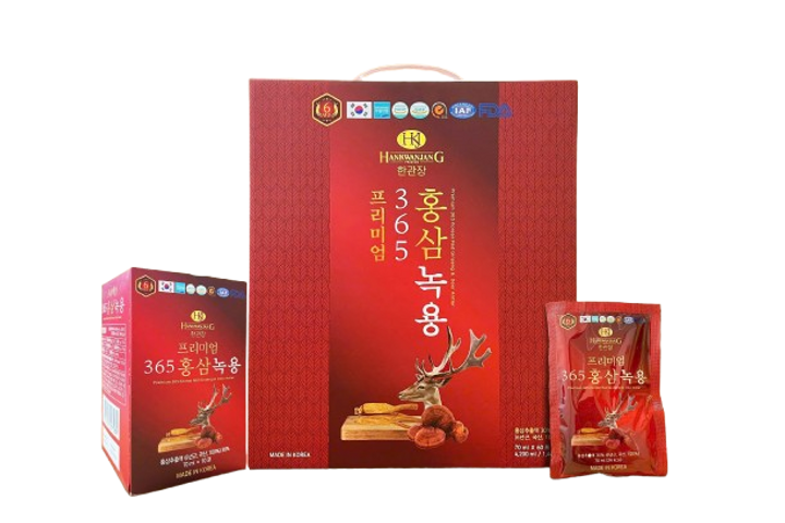 Nước Hồng Sâm Nhung Hươu Linh Chi Hàn Quốc 365 - Giải Khát Bổ Dưỡng Sức Khỏe - 60 Gói x 70ml, Tăng Cường Miễn Dịch và Sinh Lực