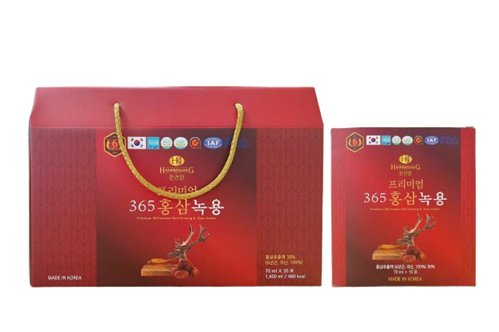 Nước Hồng Sâm Nhung Hươu Linh Chi 365 Hàn Quốc - Hộp 20 Gói 70ml, Bổ Sung Sức Khỏe, Tăng Cường Miễn Dịch, Đặc Sản Hàn Quốc