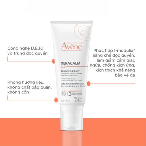 Kem Dưỡng Da Avene Xeracalm AD Cream 200mL - Giảm Ngứa, Dưỡng Ẩm Cho Da Khô, Thích Hợp Cho Da Nhạy Cảm, Viêm Da Cơ Địa