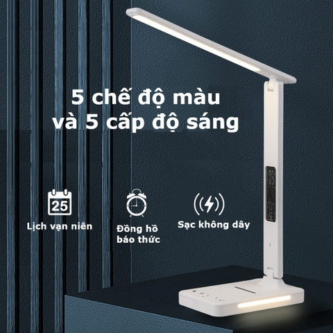 Đèn Bàn Học Chống Cận 8W Sạc Nhanh Không Dây, Tích Hợp Đồng Hồ Vạn Niên và Đèn Ngủ - Thiết Kế Thông Minh, Đèn LED Cao Cấp