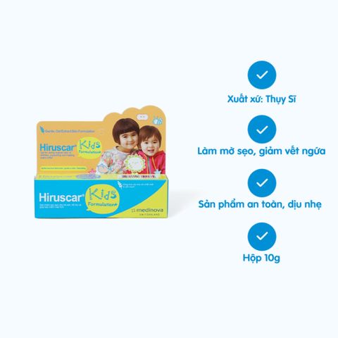 Gel Hiruscar Kids 10g - Gel Chăm Sóc Sẹo Cho Trẻ Em, Giúp Mờ Thâm, Dưỡng Ẩm Da Nhạy Cảm, Giảm Ngứa, Hiệu Quả Cho Sẹo Dưới 2 Năm