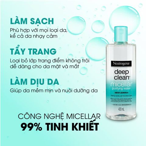 Nước Tẩy Trang Neutrogena Deep Clean Micellar Purifying Water 400ml - Dung Dịch Tẩy Trang Làm Sạch Da, Tẩy Trang Đầy Đủ Cho Mọi Loại Da