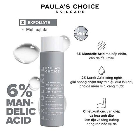 Dung dịch tẩy tế bào chết Paula's Choice 6% Mandelic Acid 2% Lactic Acid - Exfoliant dạng lỏng cho mọi loại da, thông thoáng lỗ chân lông