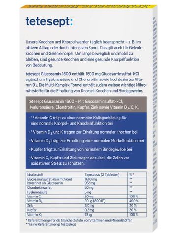 Viên uống hỗ trợ xương khớp Tetesept Glucosamin 1600 - 40 viên, Tăng cường sức khỏe khớp, Chống thoái hóa xương hiệu quả từ Đức