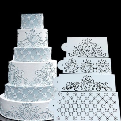 Bộ 4 khuôn rắc bột Stencil trang trí bánh, viền rau câu hoa văn - 1086