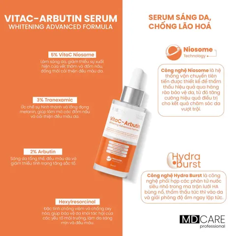 [Tặng SRM 30ML] Serum Trắng Sáng Da MD Care VitaC Arbutin 30ml - Dưỡng Ẩm, Làm Sáng Da nhanh+ 2 nạ NMF