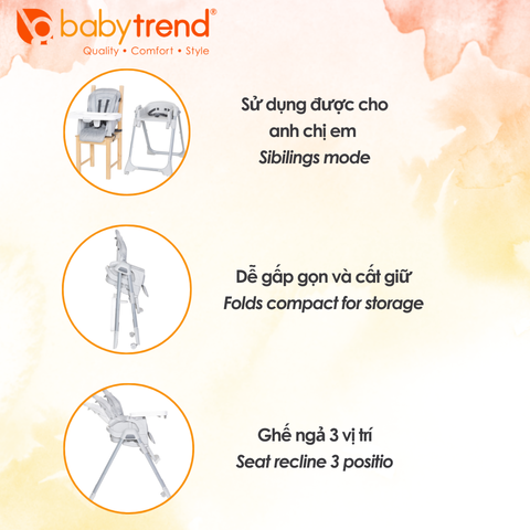 Ghế ăn dặm Baby Trend Everlast 7 trong 1 - Ghế ngồi đa năng cho bé với 3 chế độ ngả lưng và khay tháo dễ dàng, tiện lợi cho gia đình