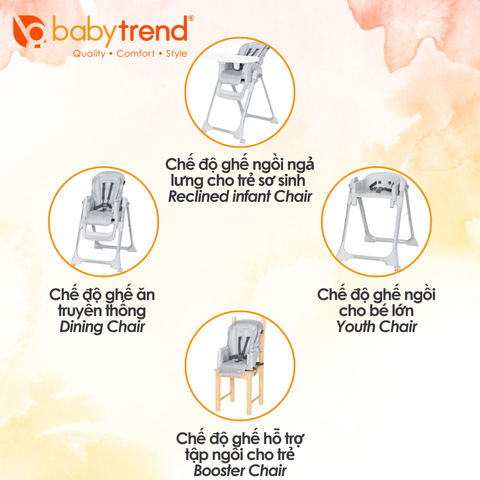 Ghế ăn dặm Baby Trend Everlast 7 trong 1 - Ghế ngồi đa năng cho bé với 3 chế độ ngả lưng và khay tháo dễ dàng, tiện lợi cho gia đình