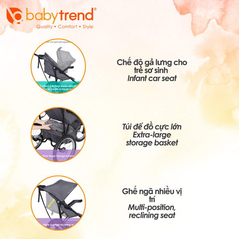 Xe đẩy cho bé Baby Trend Journey Jogging - Xe chạy bộ mọi địa hình, dễ dàng di chuyển, ghế ngả đa vị trí, phù hợp cho trẻ nhỏ
