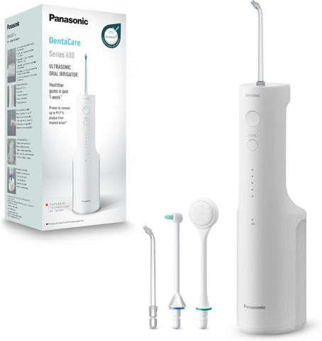 Máy tăm nước siêu âm Panasonic EW-DJ67-W303 - Công nghệ làm sạch răng miệng hiệu quả, bền bỉ với 5 mức áp lực, bao gồm 4 đầu phun tiện lợi.